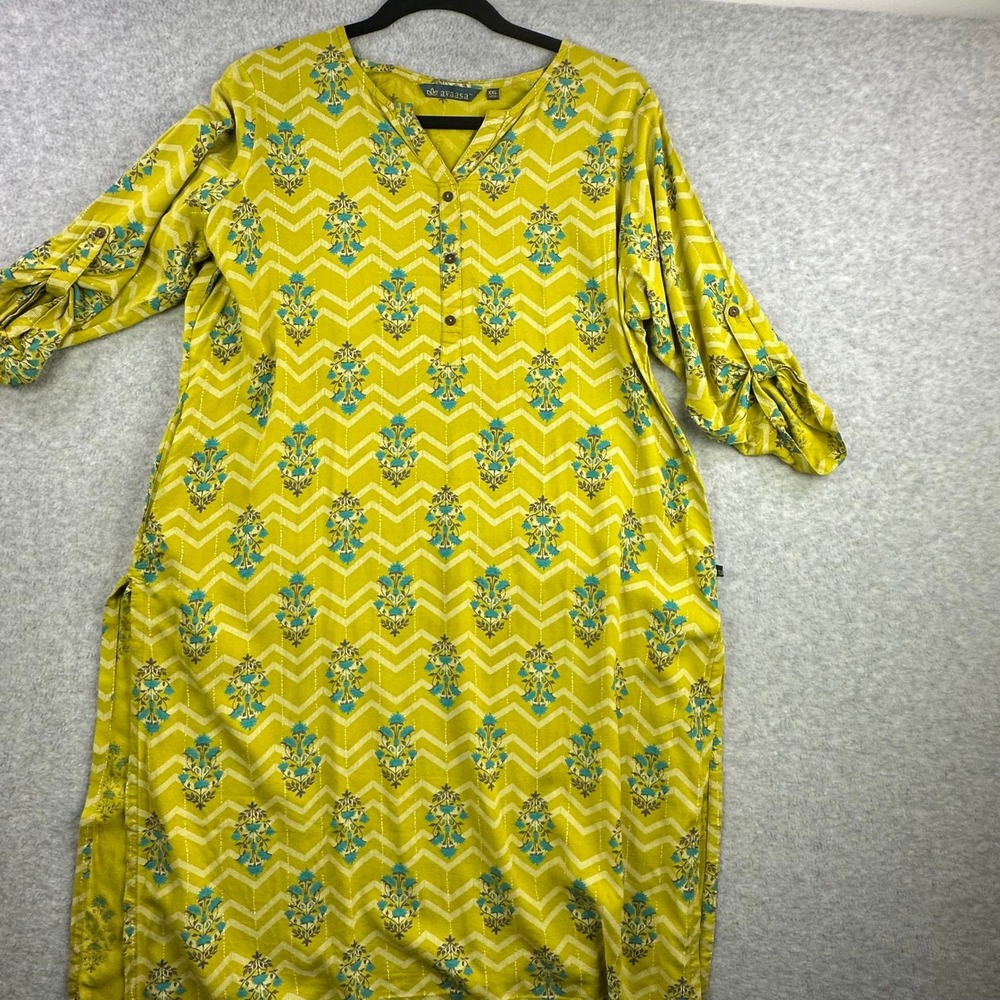 Avaasa Yellow Floral Chevron Kurti Tunic Dress XXL Lagenlook Roll Sleeve Boho - Picture 2 of 16
